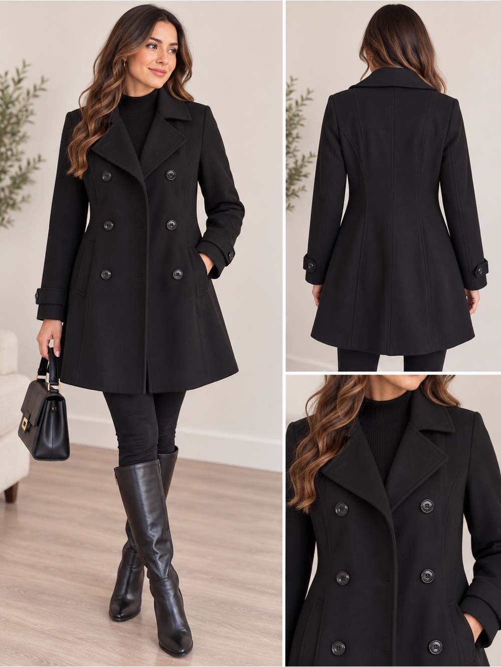 Classic Double-Breasted Black Women's Coat
